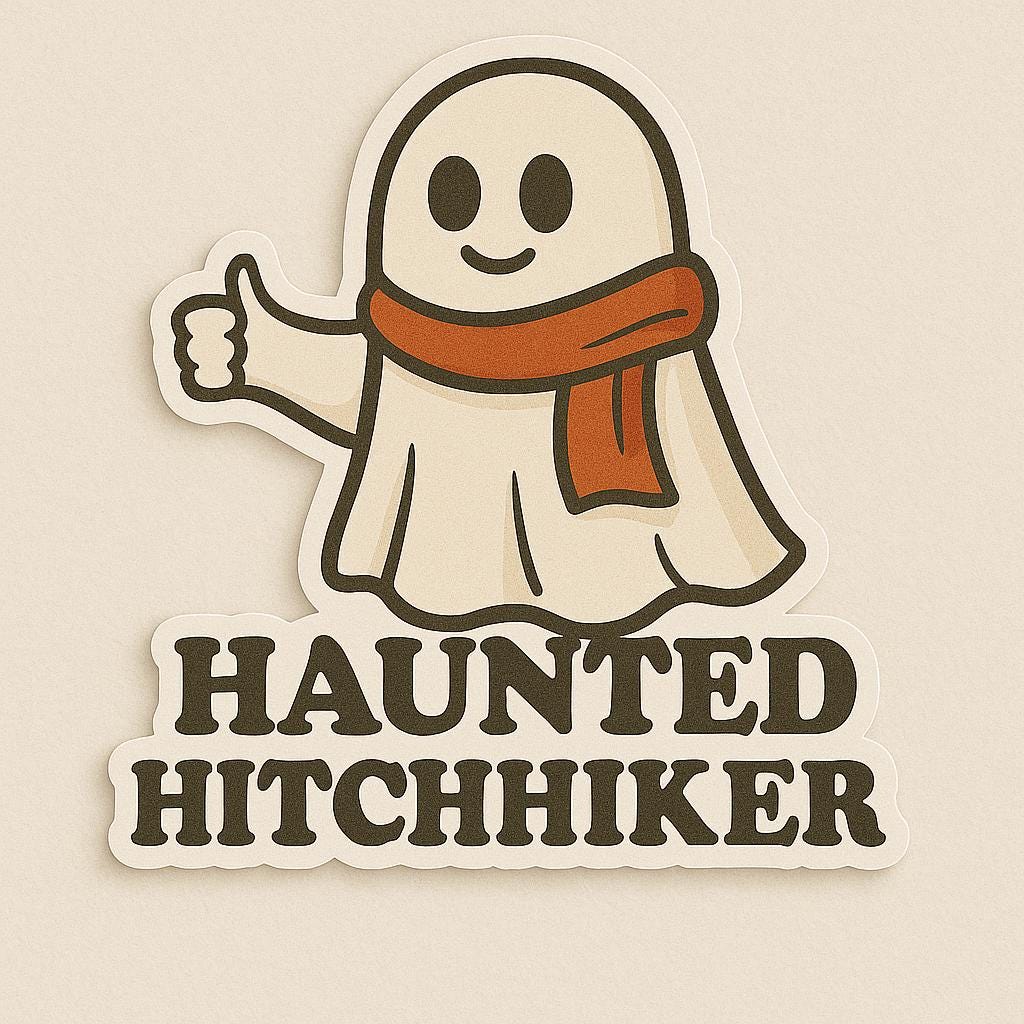 Haunted Hitchhiker Sticker – Cozy Ghost with Scarf Vinyl Sticker