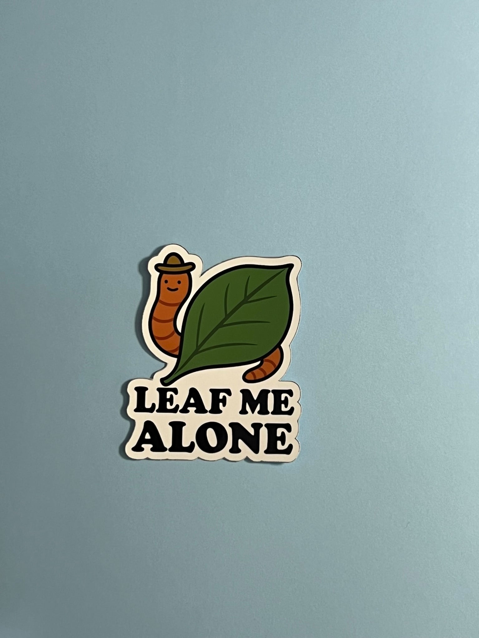 Leaf Me Alone Funny Worm Sticker – Cute Cartoon Nature Pun Vinyl Sticker