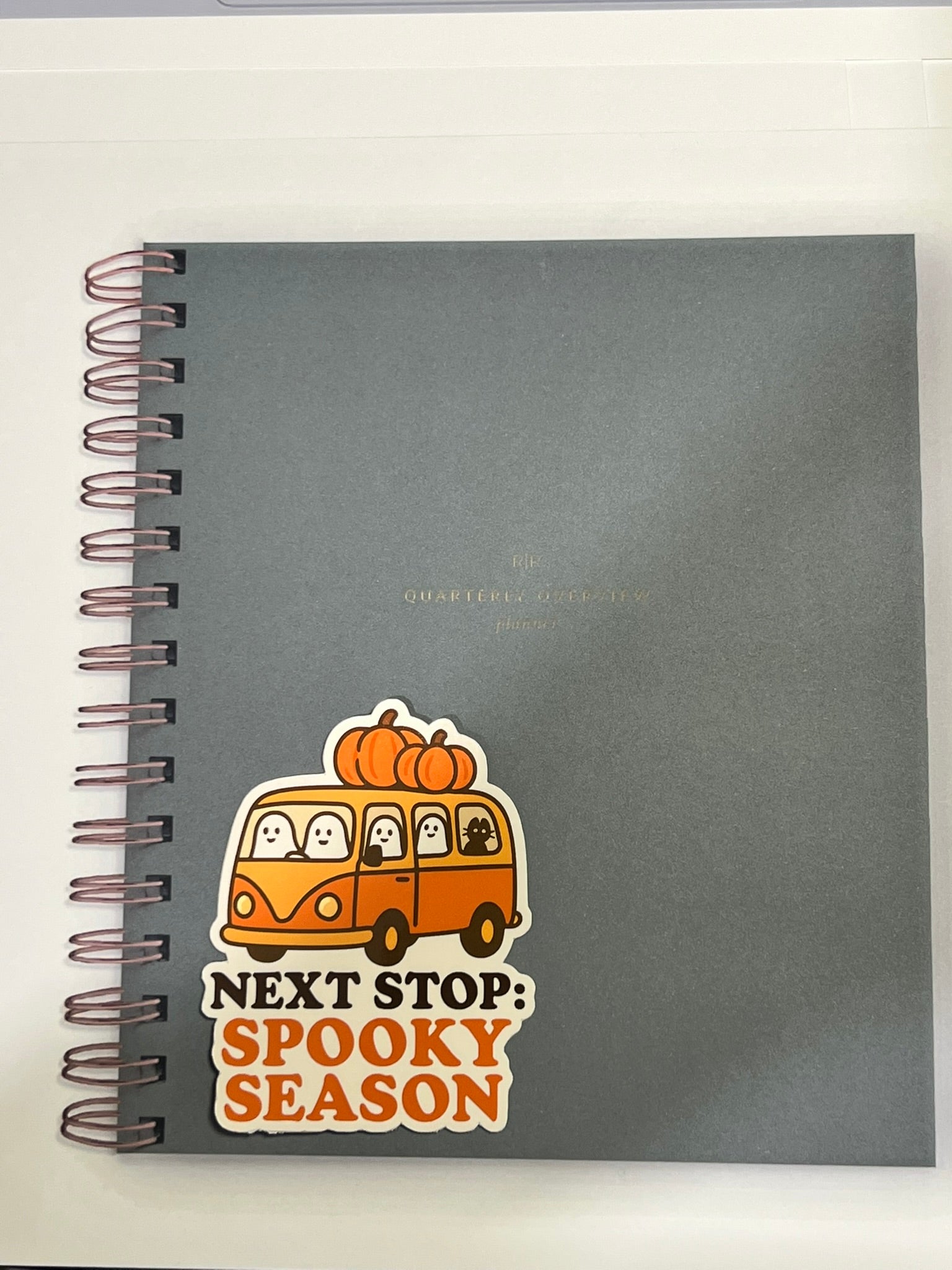 Next Stop: Spooky Season Sticker – Halloween Bus with Ghost Passengers Vinyl Sticker