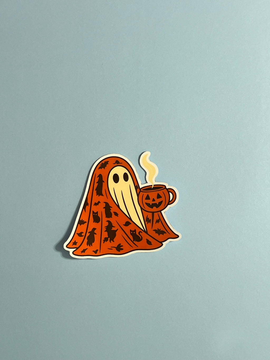 Ghost Sipping Coffee Sticker – Cute Spooky Coffee Lover Vinyl Sticker, Cozy Halloween Ghost Decal