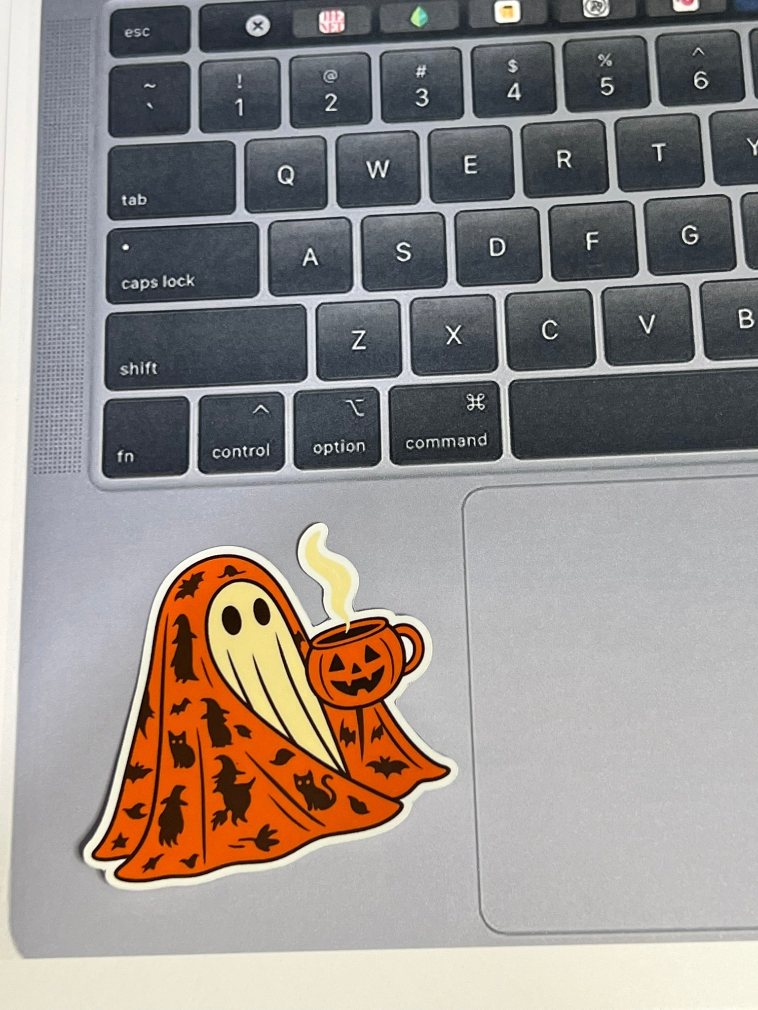 Ghost Sipping Coffee Sticker – Cute Spooky Coffee Lover Vinyl Sticker, Cozy Halloween Ghost Decal