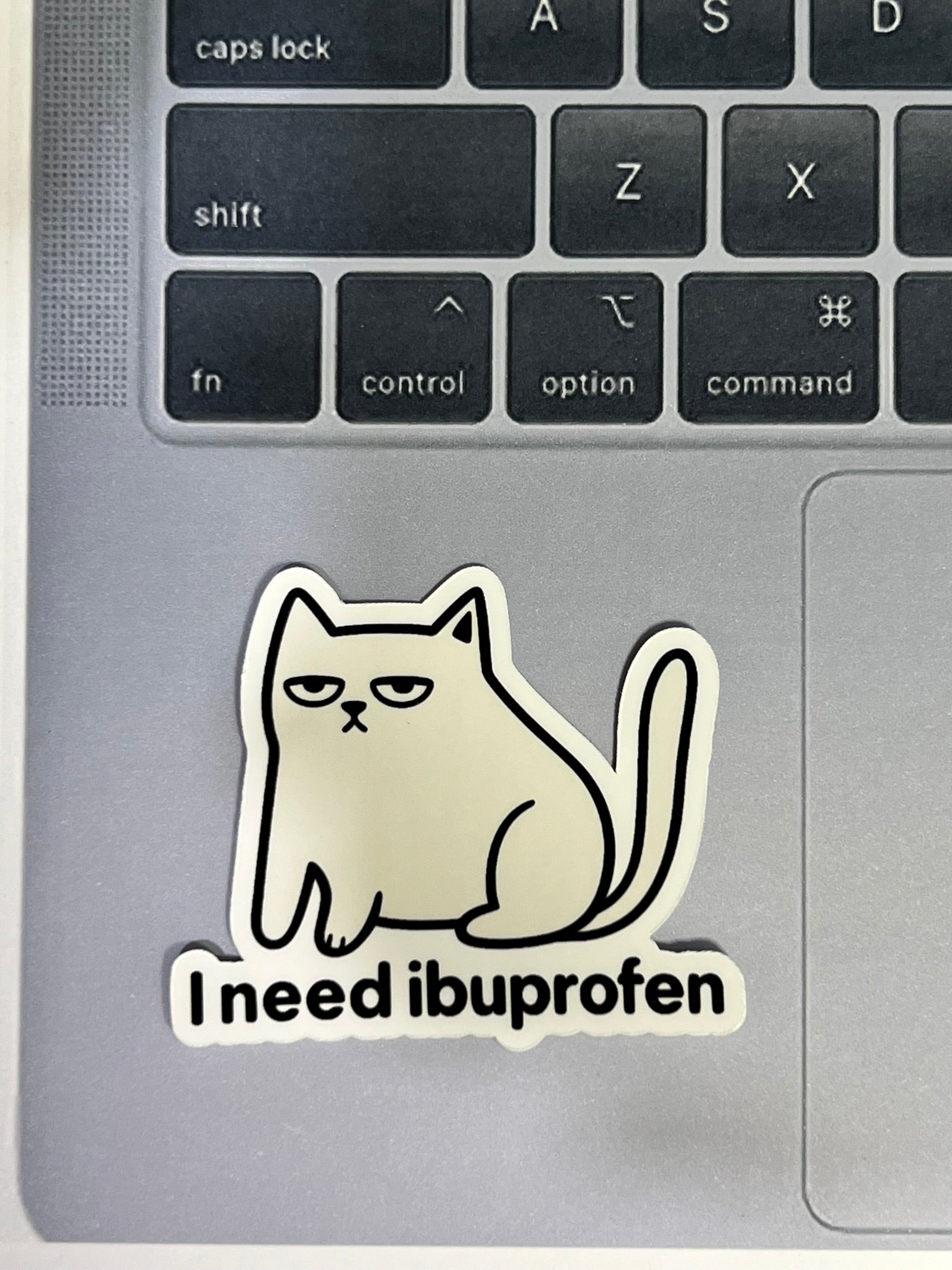 I Need Ibuprofen Cat Sticker – Funny Relatable Vinyl Sticker, Quirky Cat Lover Sticker, Water-Resistant Die Cut Decal