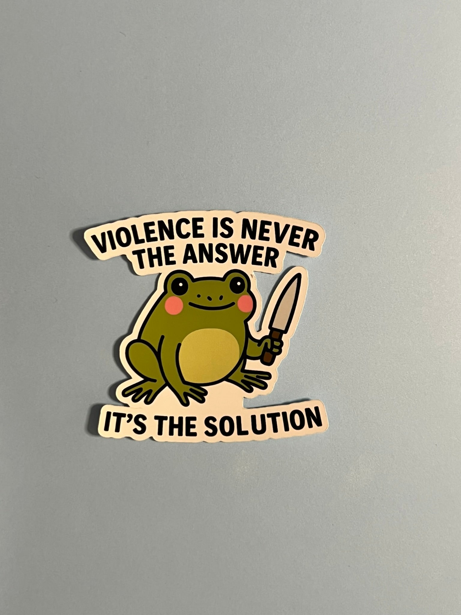 Frog With Knife Sticker – “Violence is Never the Answer, It’s the Solution” Funny Frog Vinyl Sticker