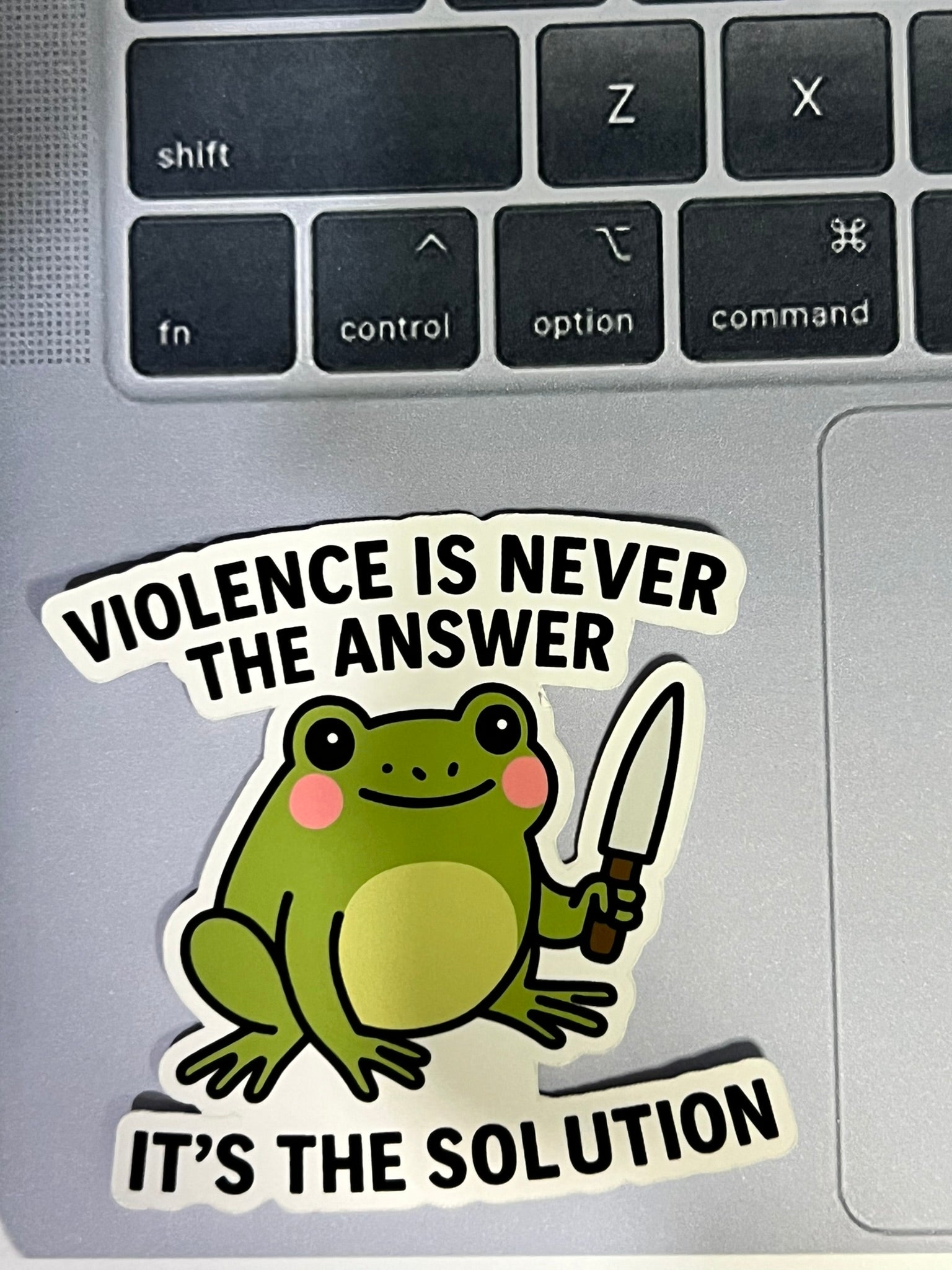 Frog With Knife Sticker – “Violence is Never the Answer, It’s the Solution” Funny Frog Vinyl Sticker