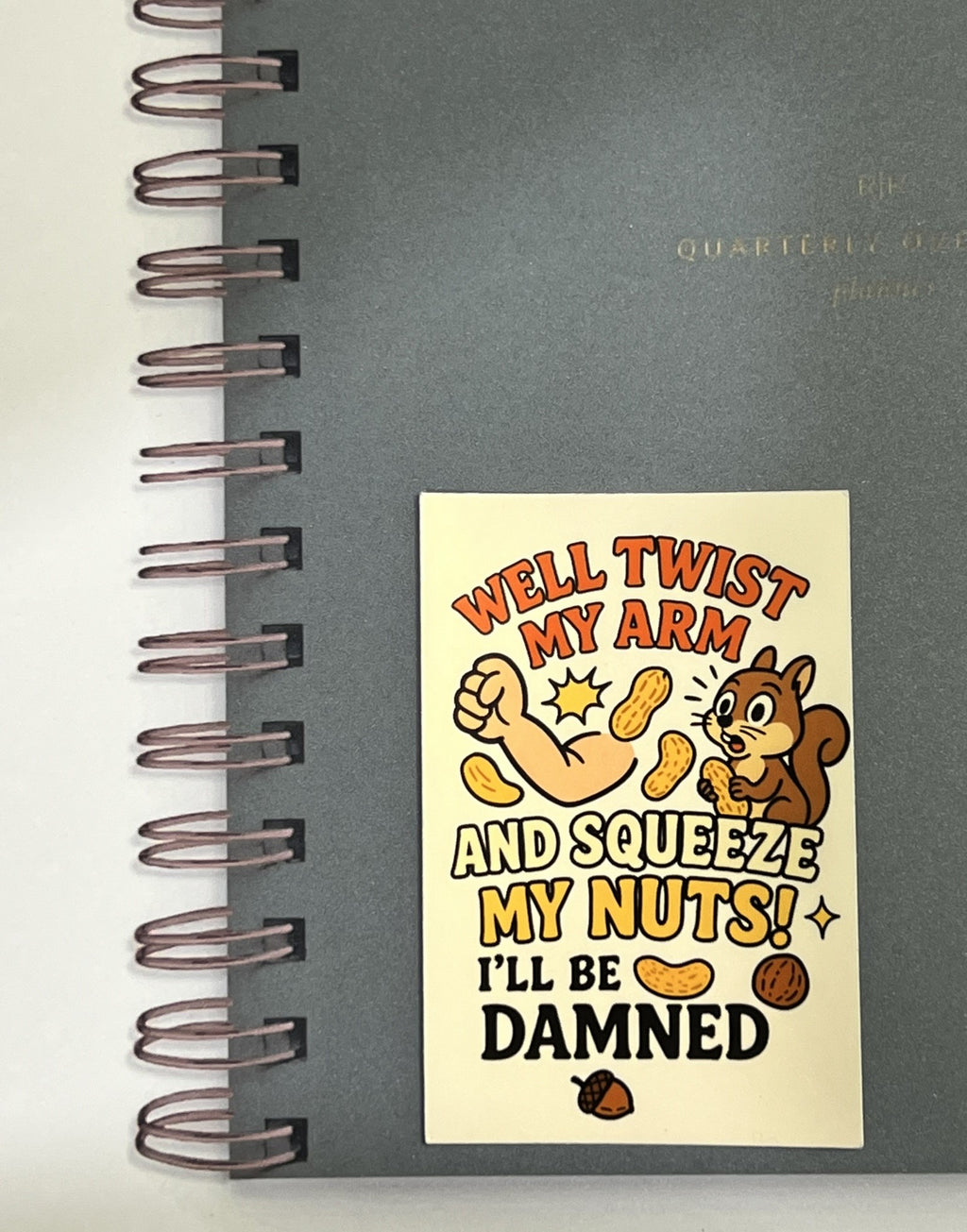 Twist My Arm and Squeeze My Nuts Sticker – Funny Food Pun Vinyl Sticker, Quirky Humor, Water-Resistant Die Cut Decal
