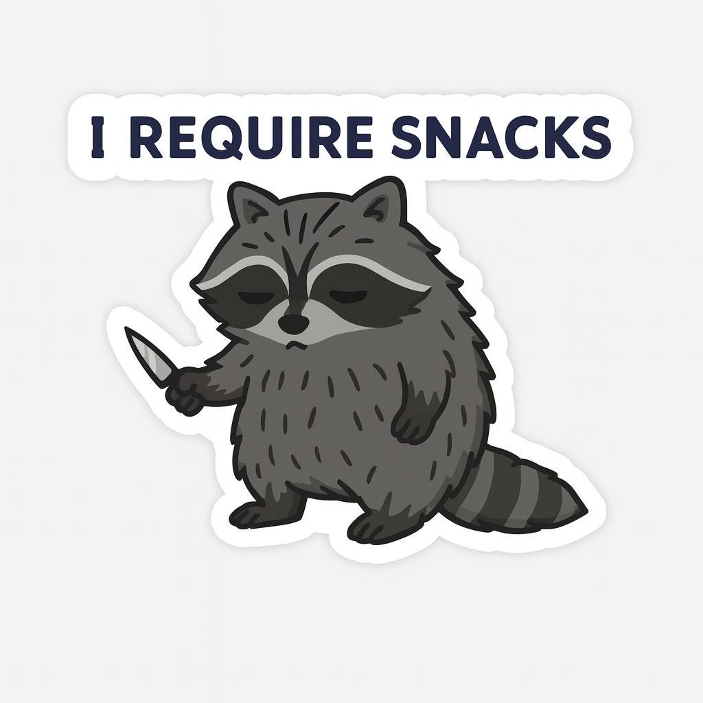 Raccoon With Knife I Require Snacks | Funny Animal Sticker