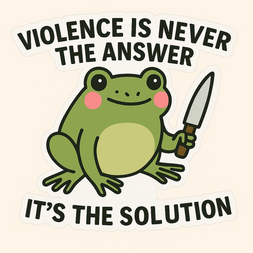 Frog With Knife Sticker – “Violence is Never the Answer, It’s the Solution” Funny Frog Vinyl Sticker