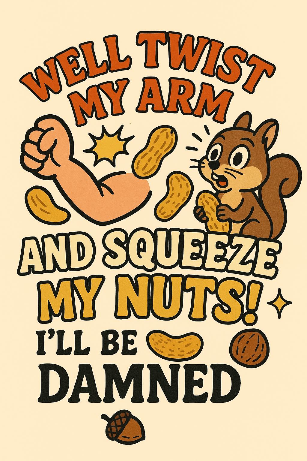 Twist My Arm and Squeeze My Nuts Sticker – Funny Food Pun Vinyl Sticker, Quirky Humor, Water-Resistant Die Cut Decal