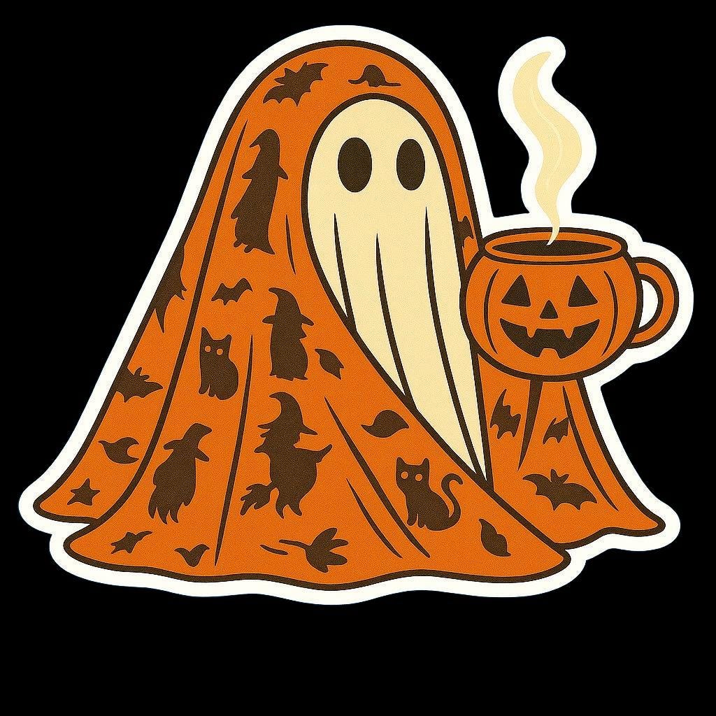 Ghost Sipping Coffee Sticker – Cute Spooky Coffee Lover Vinyl Sticker, Cozy Halloween Ghost Decal