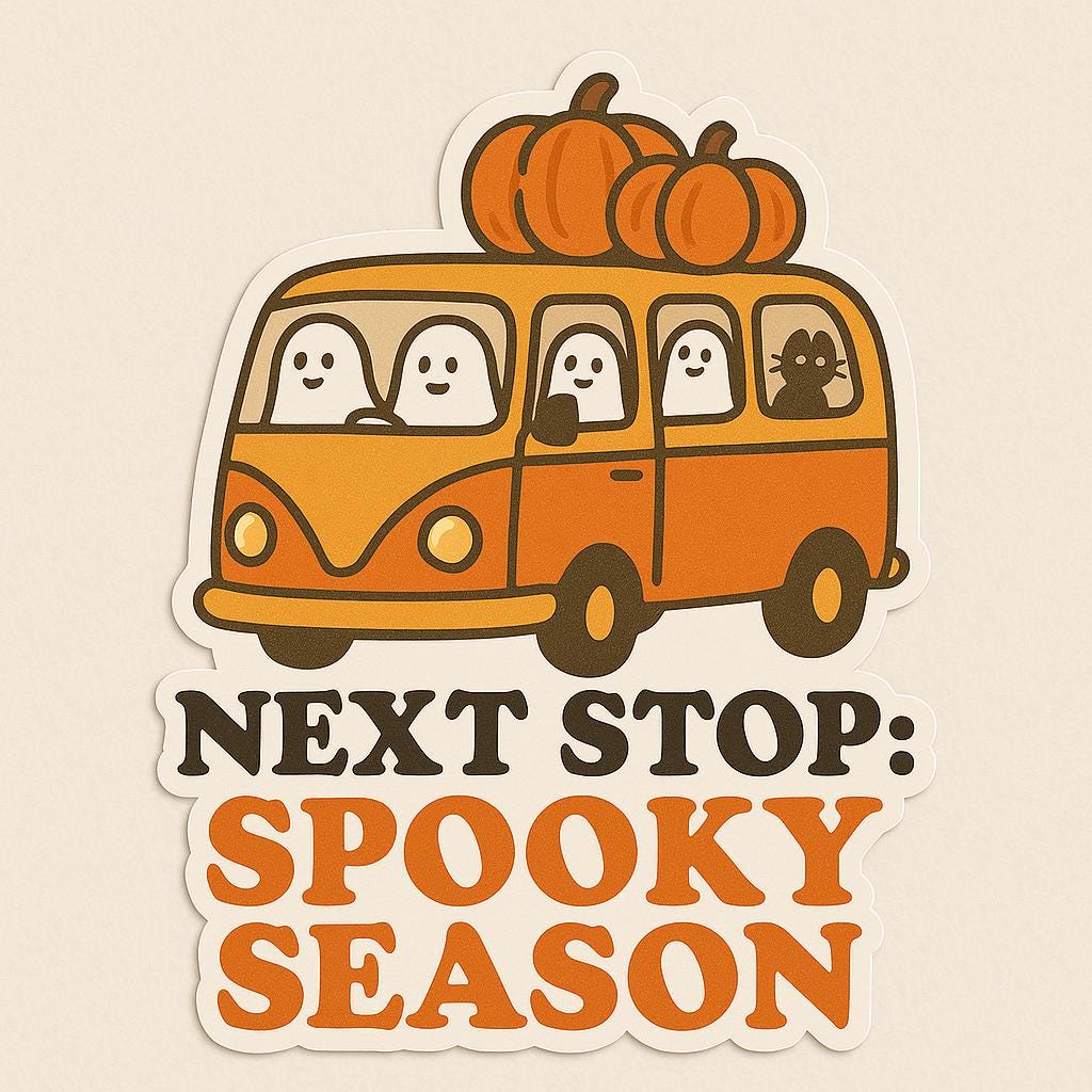Next Stop: Spooky Season Sticker – Halloween Bus with Ghost Passengers Vinyl Sticker