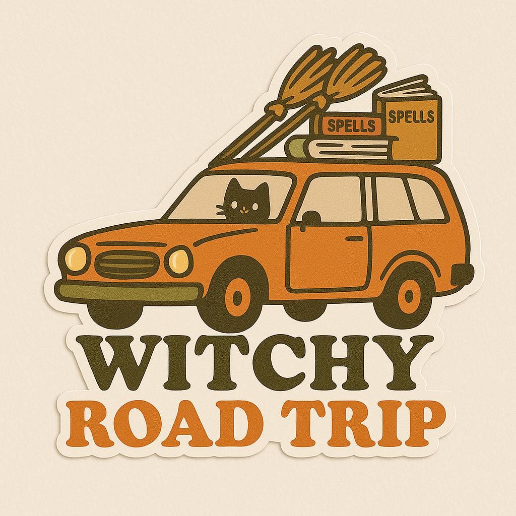 Witchy Road Trip Sticker – Spooky Car Packed with Brooms & Black Cats