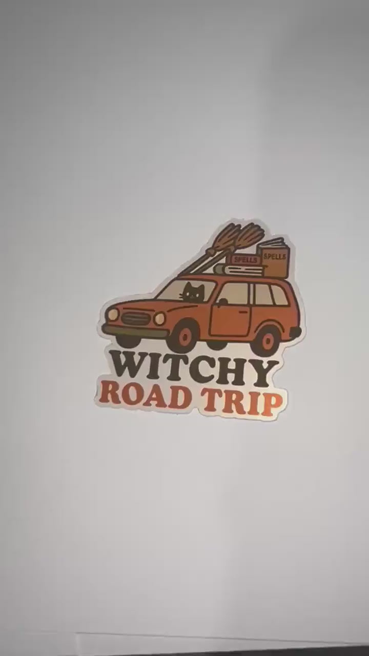 Witchy Road Trip Sticker – Spooky Car Packed with Brooms & Black Cats