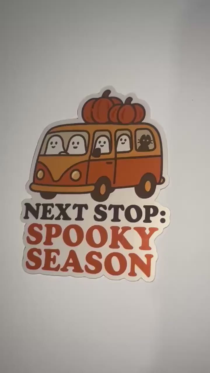 Next Stop: Spooky Season Sticker – Halloween Bus with Ghost Passengers Vinyl Sticker