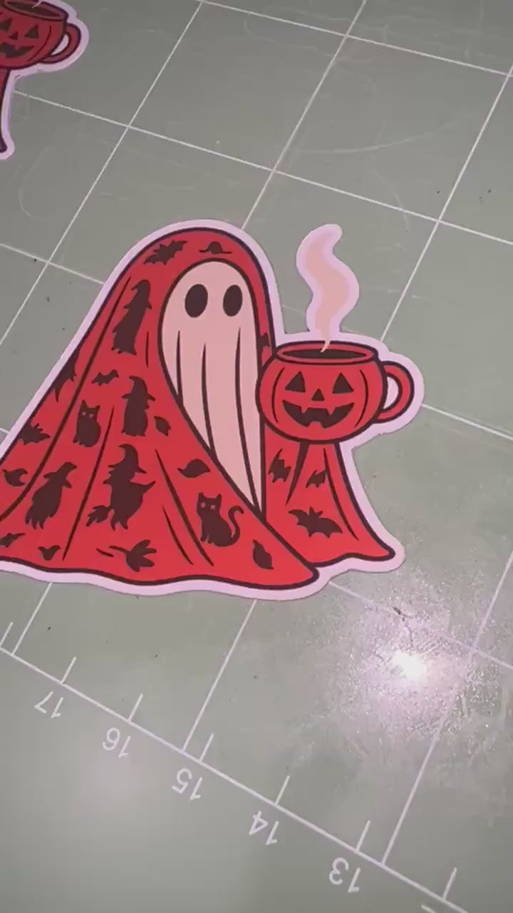 Ghost Sipping Coffee Sticker – Cute Spooky Coffee Lover Vinyl Sticker, Cozy Halloween Ghost Decal